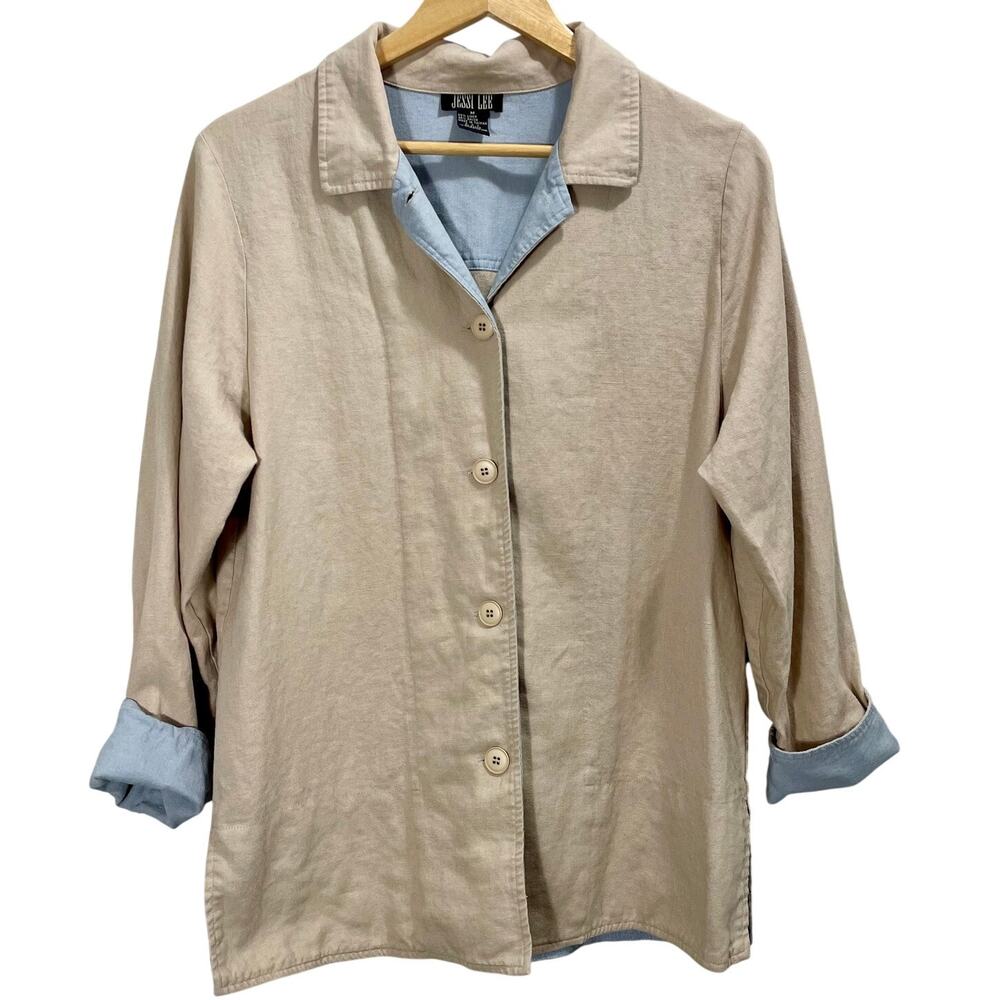 Vintage 1990s Jessi Lee Khaki Button Up Collared Shacket Top Blouse Size Medium